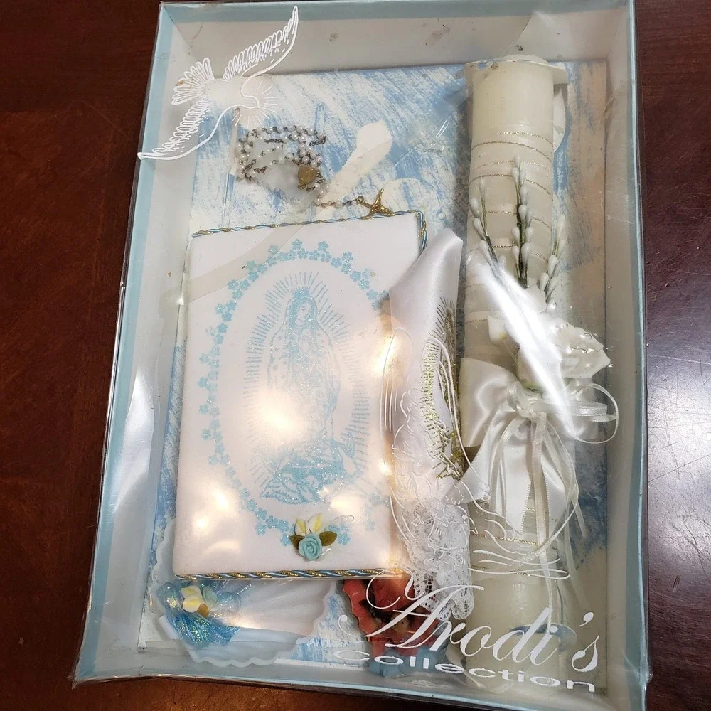Catholic Baptism Gift Set Virgen‎ de Guadalupe Rosary Candle Prayer Book